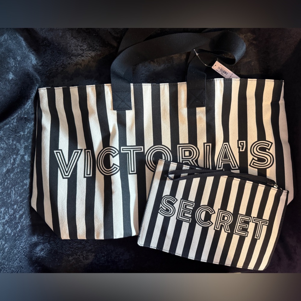 NWT-Victoria's Secret Black and White Striped Tote Bag Set
